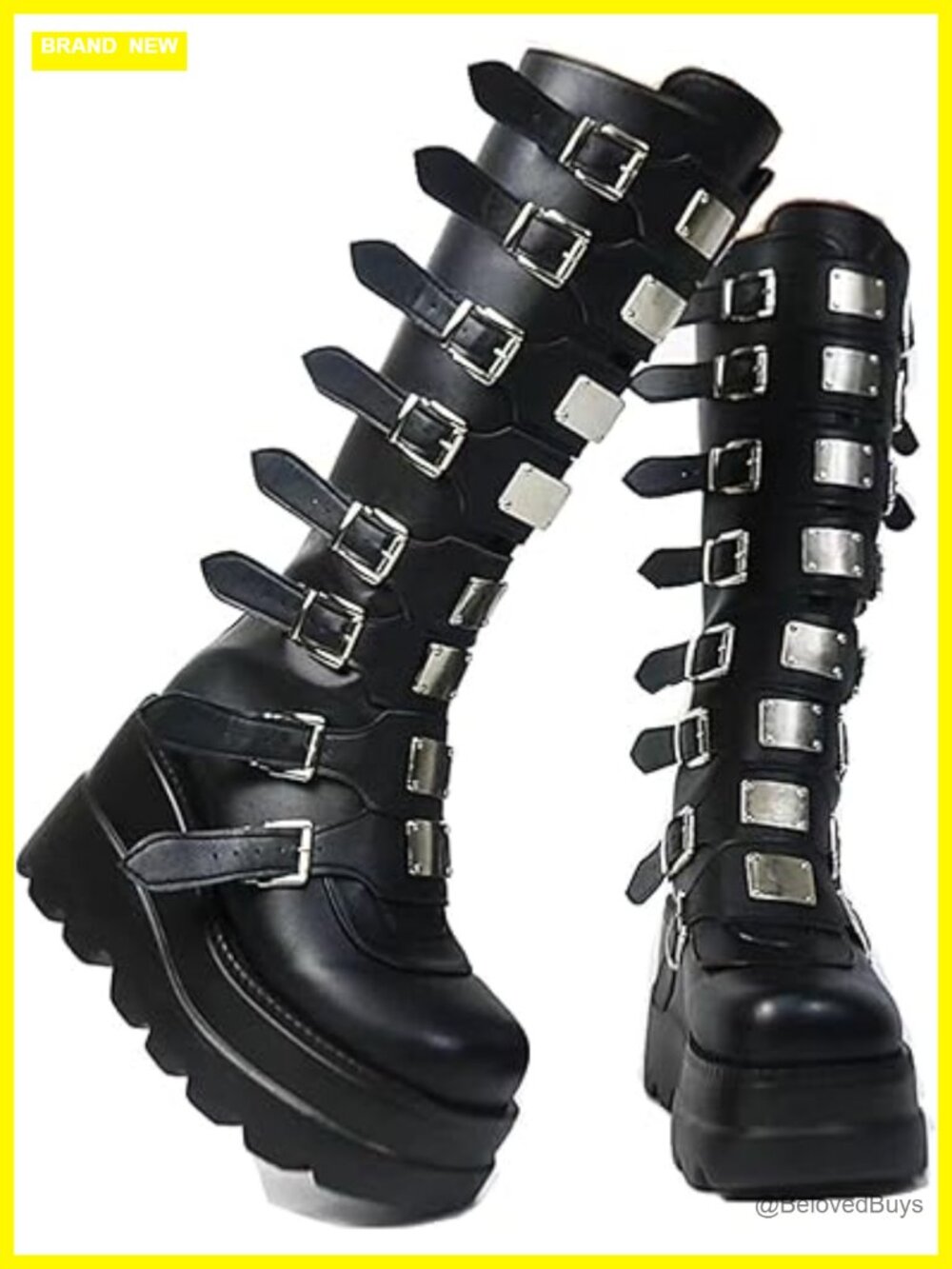 Platform Knee High Boots Chunky Heel Wedge Combat Goth Punk Motorcycle Zip - Picture 1 of 7
